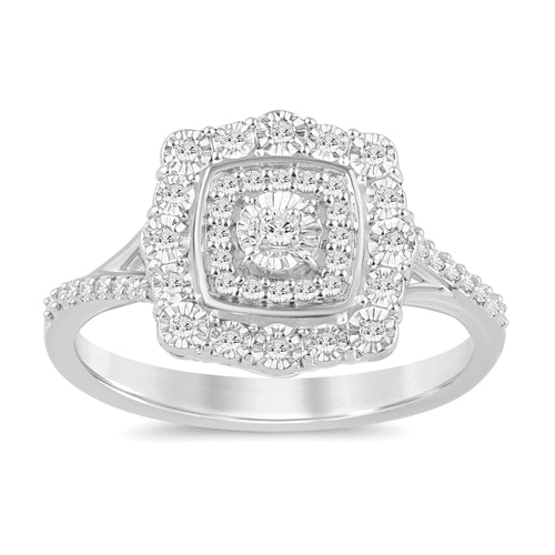 Fancy Miracle Halo Cushion Shaped Ring with Diamonds in 9ct White Gold Rings Bevilles 