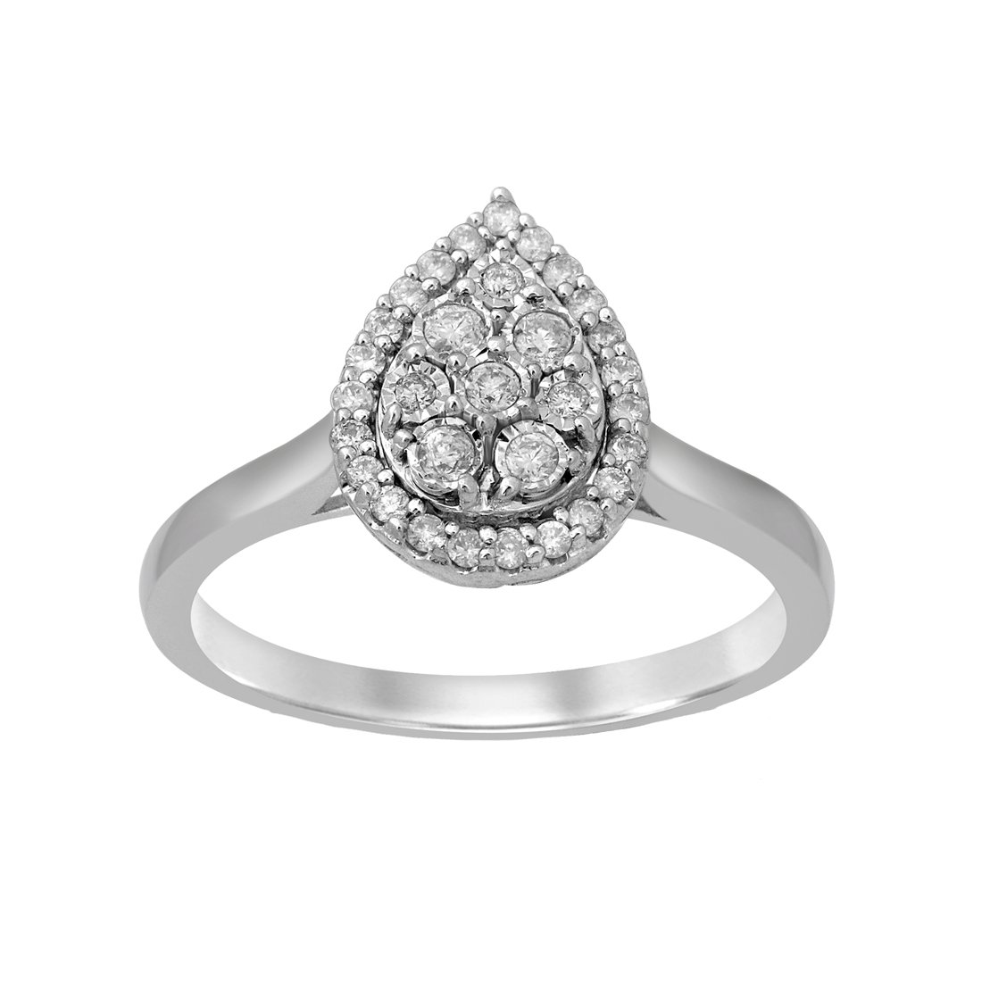 9ct White Gold 0.25ct Diamond Pear Miracle Set Halo Ring Rings Bevilles 