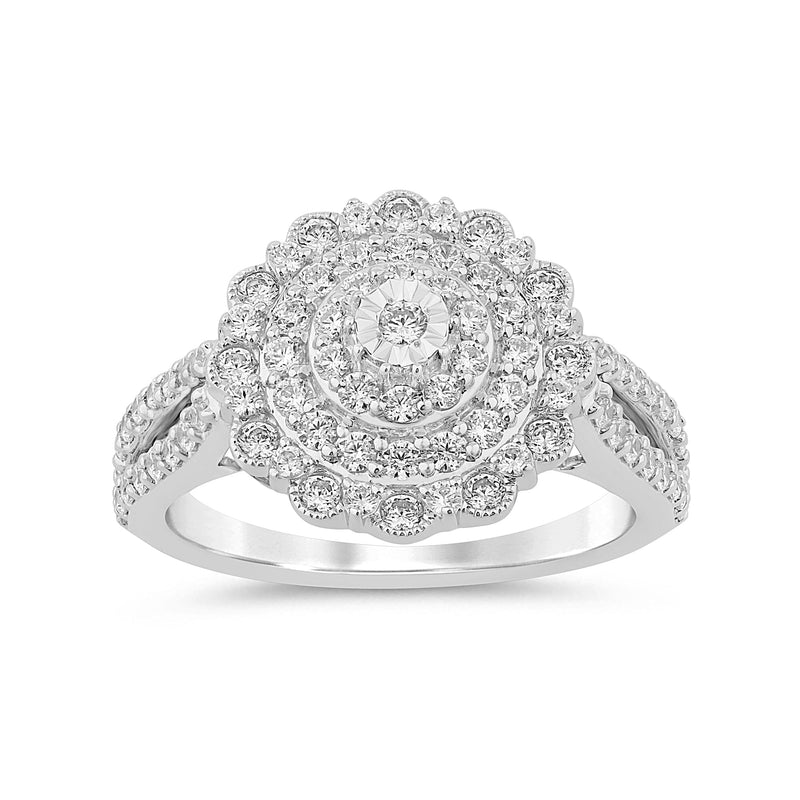 Double Halo Fancy Surround Ring with 1.00ct of Diamonds in 9ct White Gold Rings Bevilles 