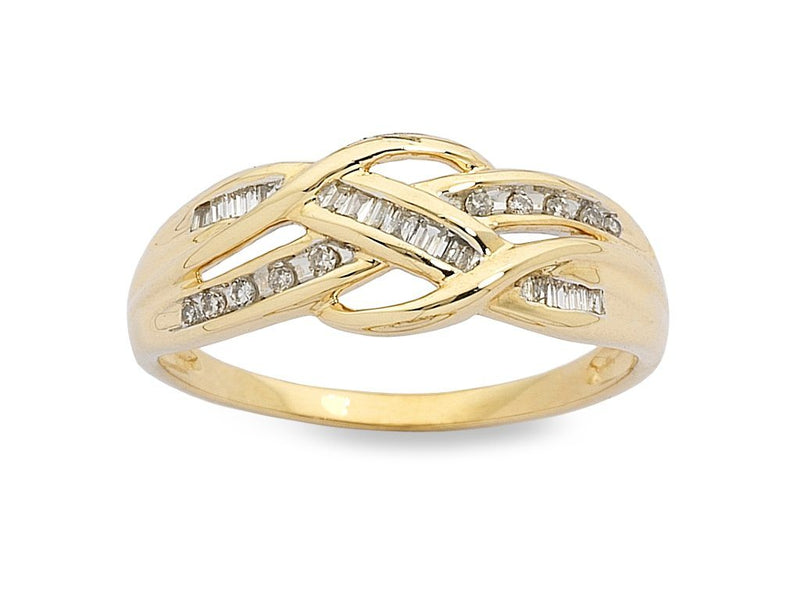 Swirl Crossover Ring with 0.15ct of Diamonds in 9ct Yellow Gold Rings Bevilles 