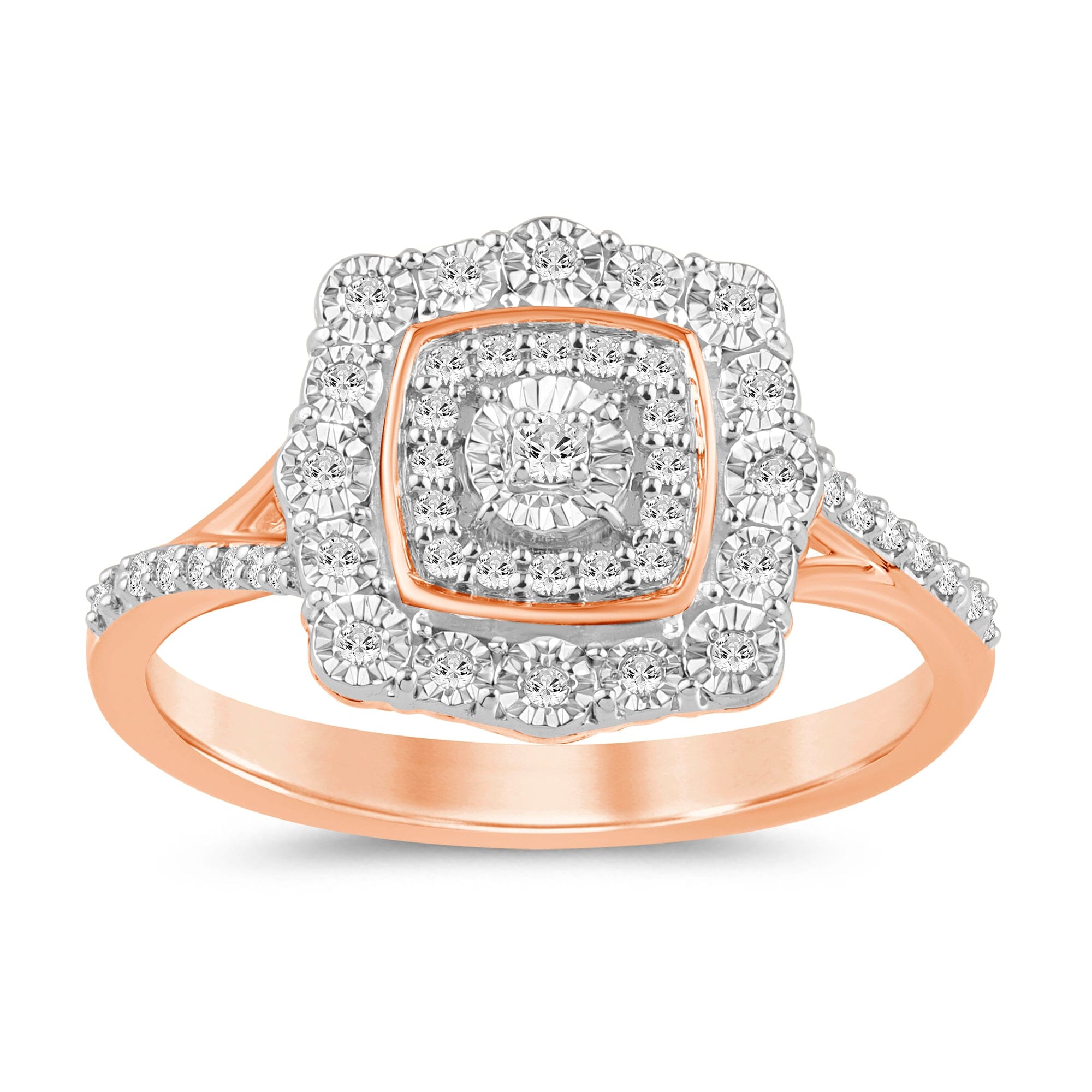 Fancy Miracle Halo Cushion Shaped Ring with 0.15ct Diamonds in 9ct Rose Gold Rings Bevilles 
