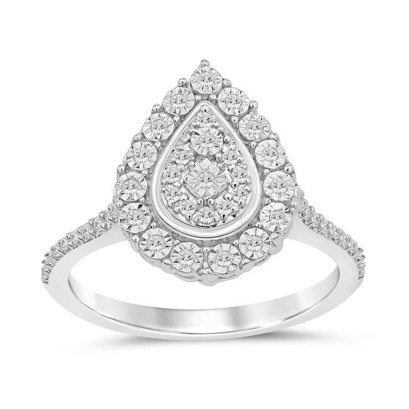 Facets of Love Halo Pear Shaped Ring with 0.15ct of Diamonds in 18ct White Gold Rings Bevilles 
