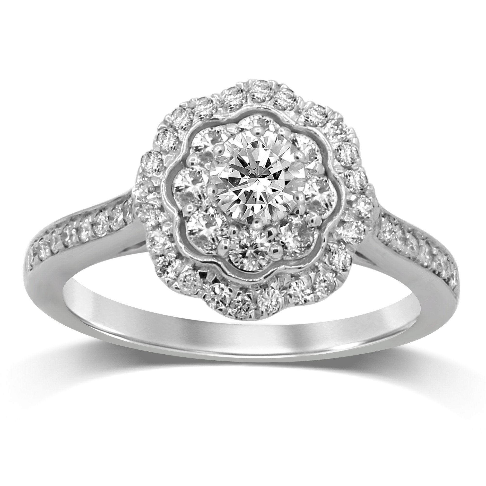 Soft Halo Solitaire Ring with 1/2ct of Diamonds in 18ct White Gold Rings Bevilles 