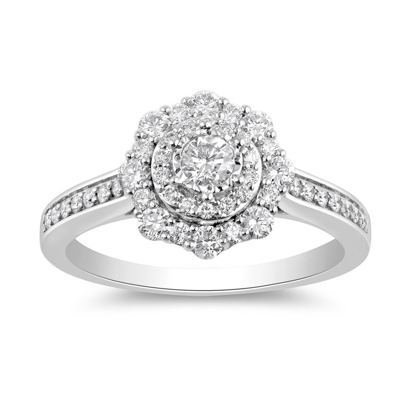 Facets of Love Halo Ring with 0.65ct of Diamonds in 18ct White Gold Rings Bevilles 