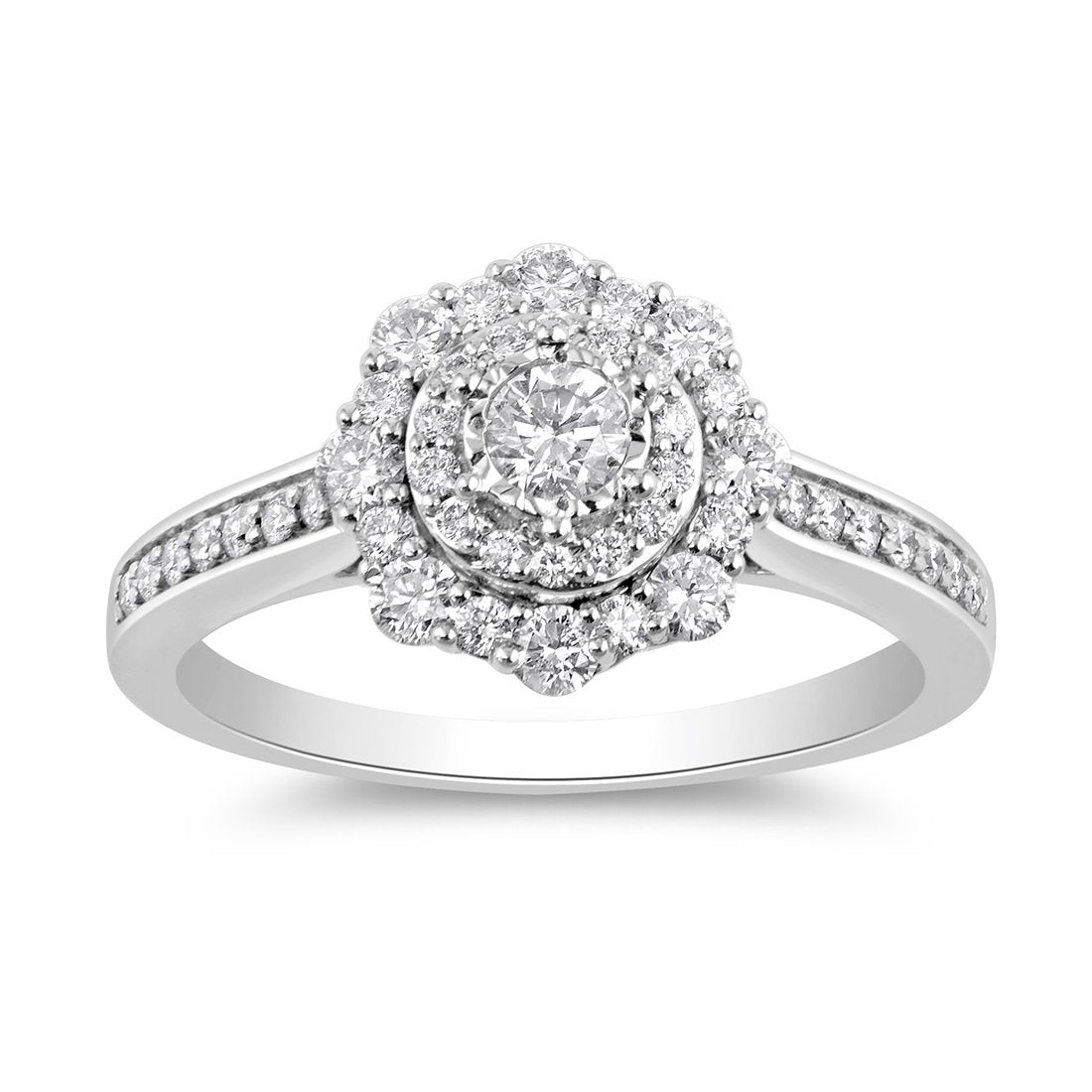 Facets of Love Halo Ring with 0.65ct of Diamonds in 18ct White Gold Rings Bevilles 