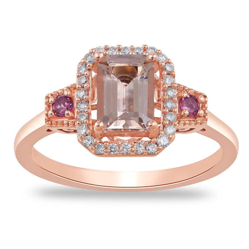 Morganite and Tourmaline Ring with 0.10ct of Diamonds in 9ct Rose Gold Rings Bevilles 
