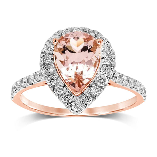 Pear Morganite Ring with 1.25ct of Diamonds in 9ct Rose Gold Rings Bevilles 