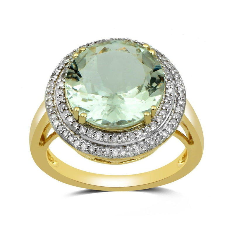 9ct Yellow Gold Green Amethyst Ring with 0.33ct of Diamonds Rings Bevilles 