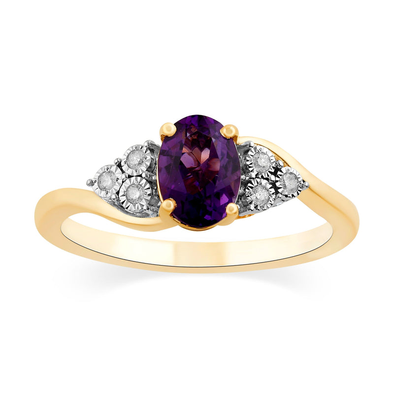 Oval Amethyst Ring with 0.05ct of Diamonds in 9ct Yellow Gold Rings Bevilles 