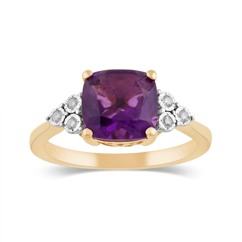 Cushion Cut Amethyst Ring with 0.05ct of Diamonds in 9ct Yellow Gold Rings Bevilles 