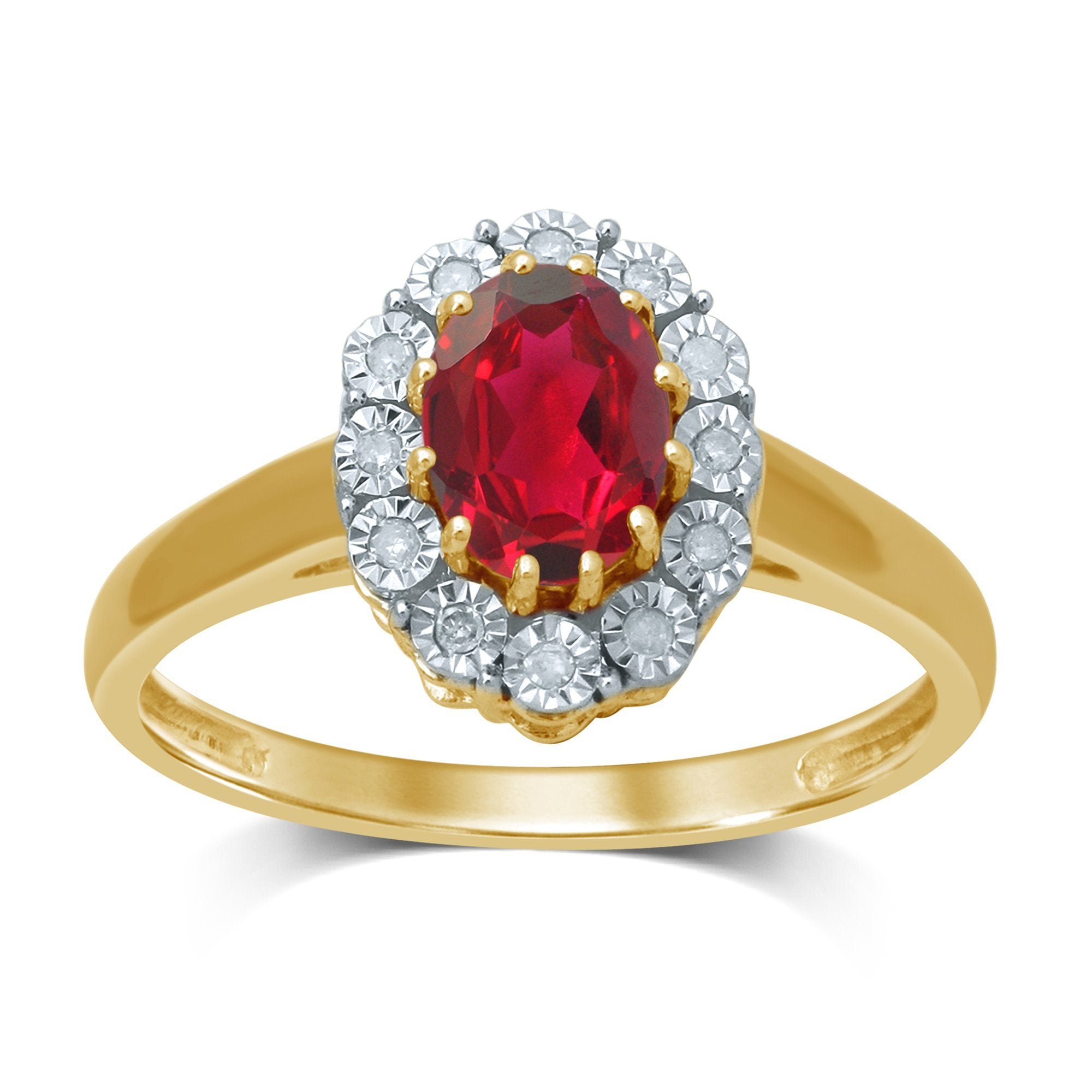 Diamond Set Oval Created Ruby Ring in 9ct Yellow Gold Rings Bevilles 
