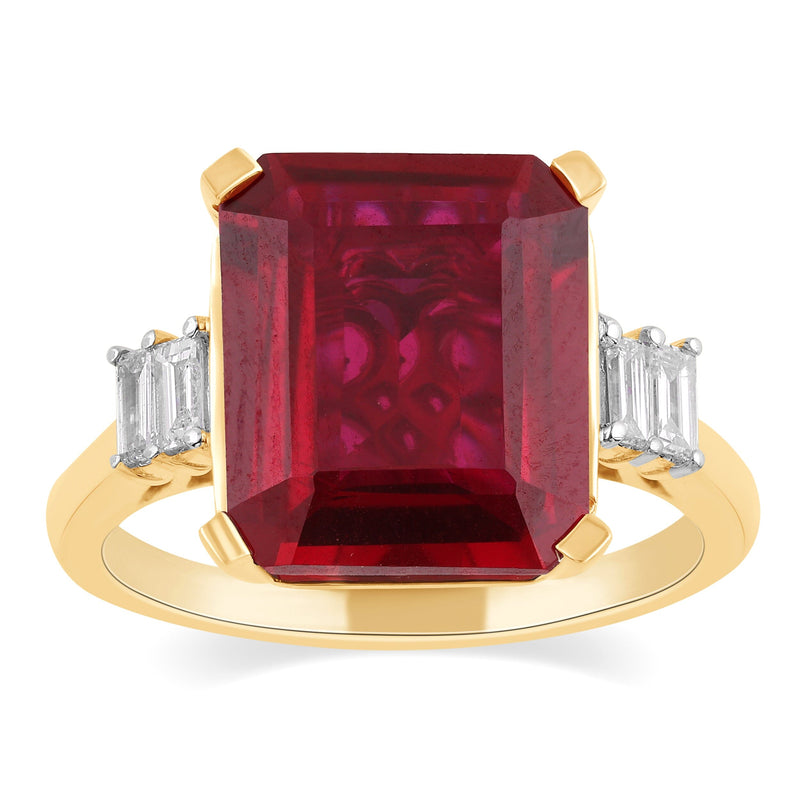 Emerald Cut Created Ruby Ring with 0.15ct of Diamonds in 9ct Yellow Gold Rings Bevilles 