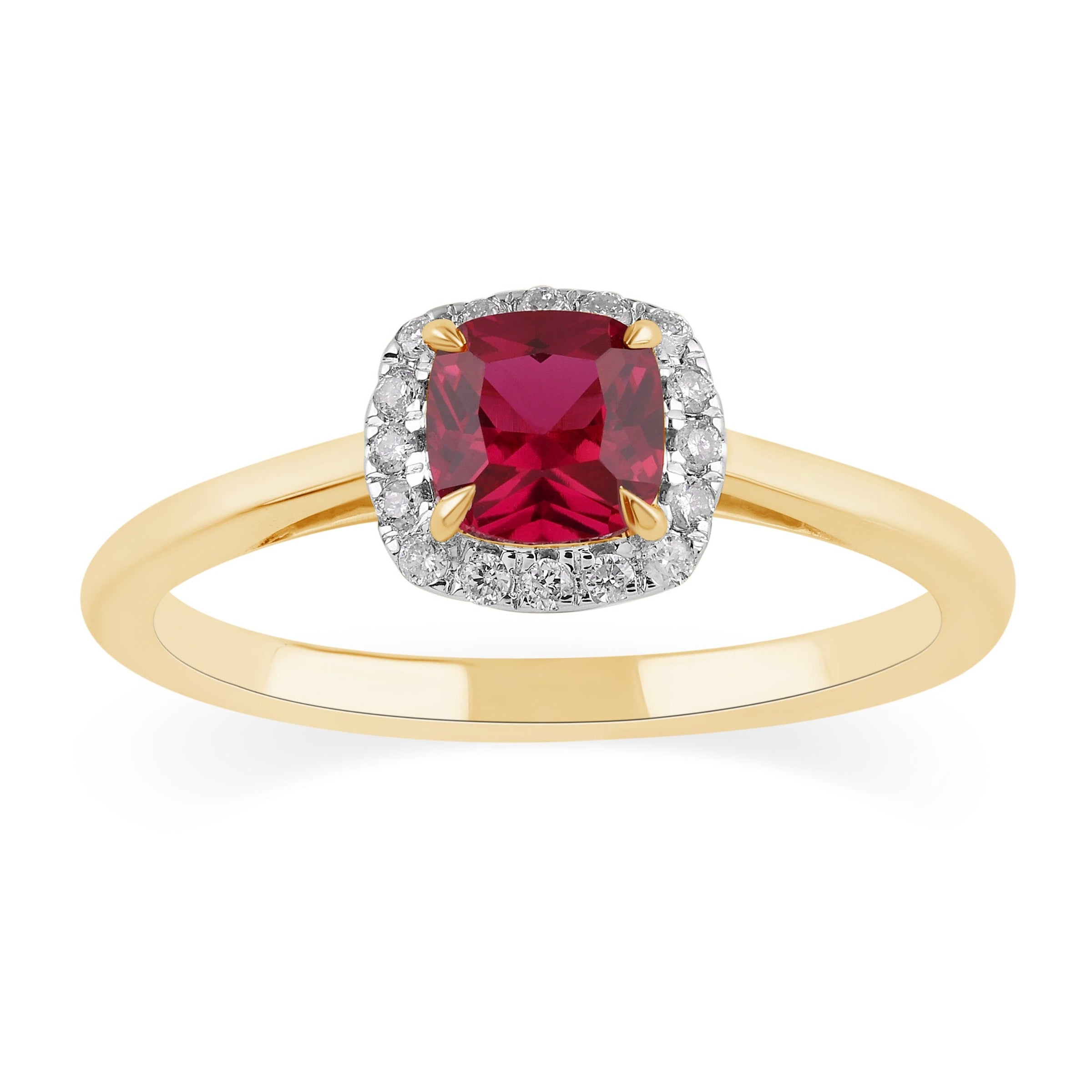 Halo Dress Ring with Created Ruby and 0.05ct of Diamonds in 9ct Yellow Gold Rings Bevilles 