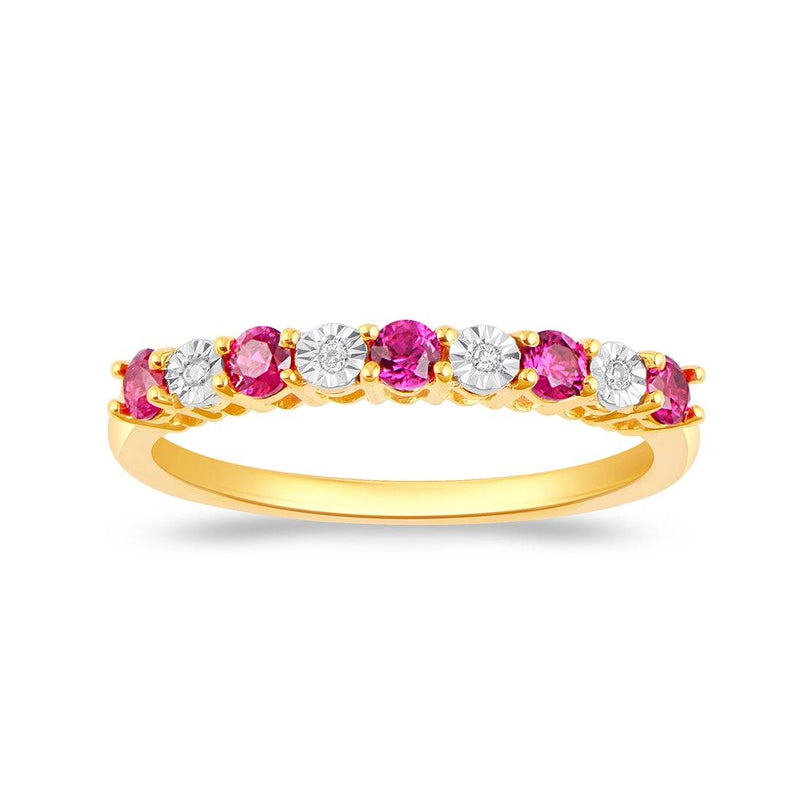 Diamond Set Created Ruby Dress Ring in 9ct Yellow Gold Rings Bevilles 