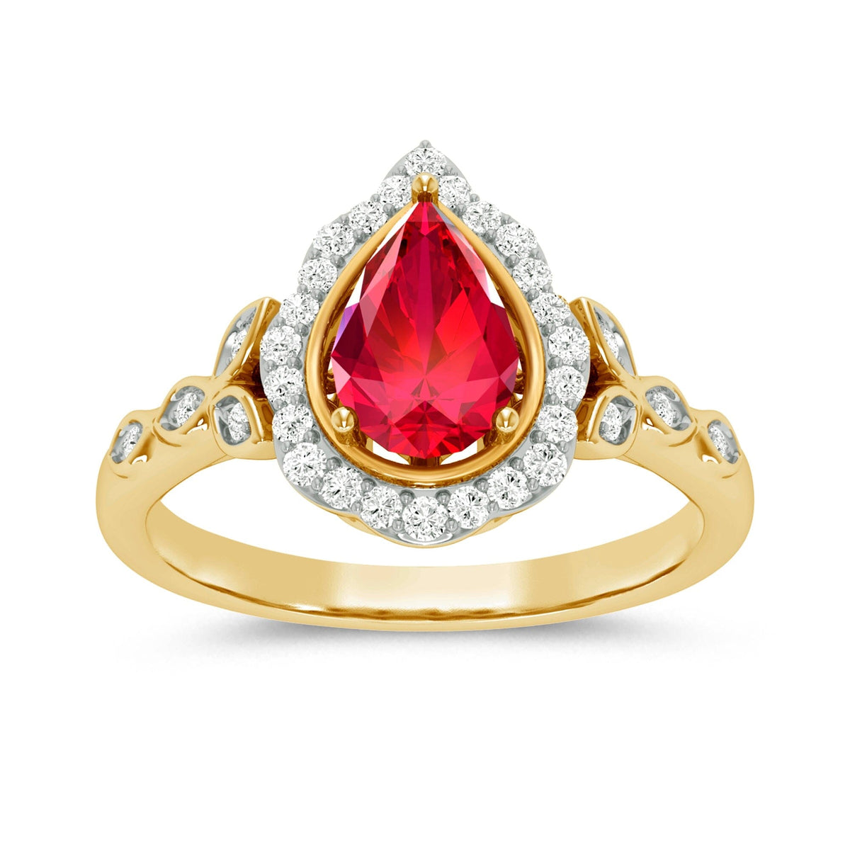 Pear Created Ruby Ring with 0.10ct of Diamonds in 9ct Yellow Gold Rings Bevilles 