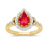 Pear Created Ruby Ring with 0.10ct of Diamonds in 9ct Yellow Gold Rings Bevilles 