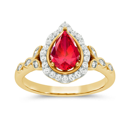 Pear Created Ruby Ring with 0.10ct of Diamonds in 9ct Yellow Gold Rings Bevilles 