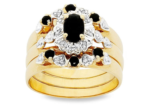 Diamond and Sapphire Three Ring Set in 9ct Yellow Gold Rings Bevilles 