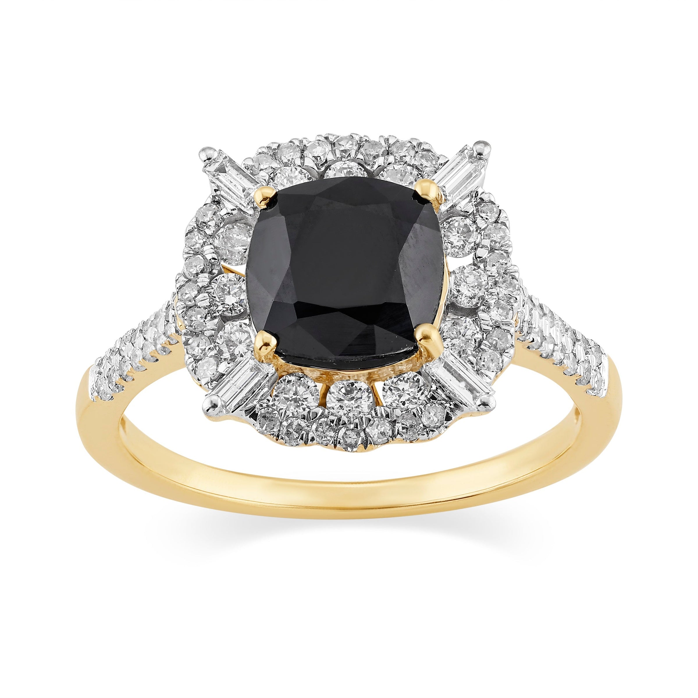 Cushion Sapphire Ring with 1/2ct of Diamonds in 9ct Yellow Gold Rings Bevilles 