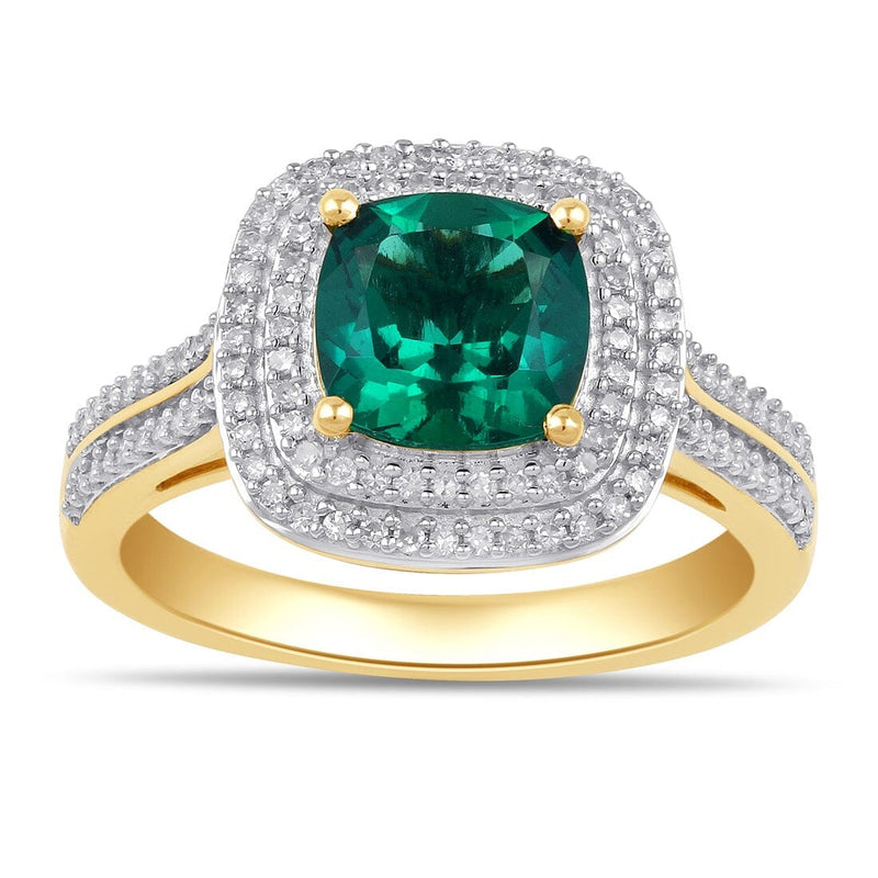 Created Emerald Double Halo Ring with 1/4ct of Diamonds in 9ct Yellow Gold Rings Bevilles 