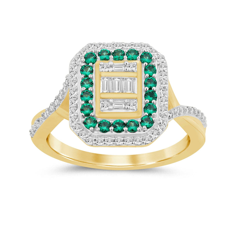 Round Created Emerald Ring with 1/4ct of Diamonds in 9ct Yellow Gold Rings Bevilles 