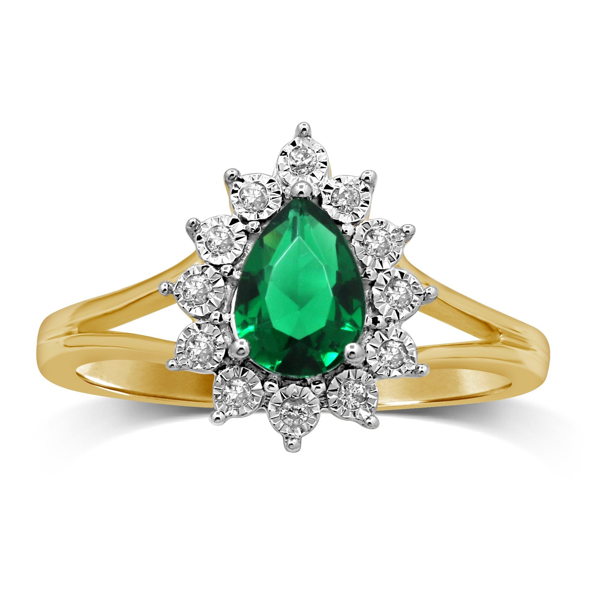 Emerald Pear with Brilliant Miracle Surround Cluster Ring in 9ct Yellow Gold Rings Bevilles 