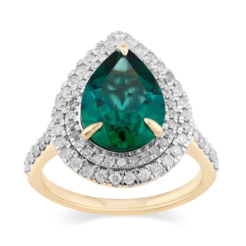 Created Emerald Pear Halo Ring with 0.60ct of Diamonds in 9ct Yellow Gold Rings Bevilles 