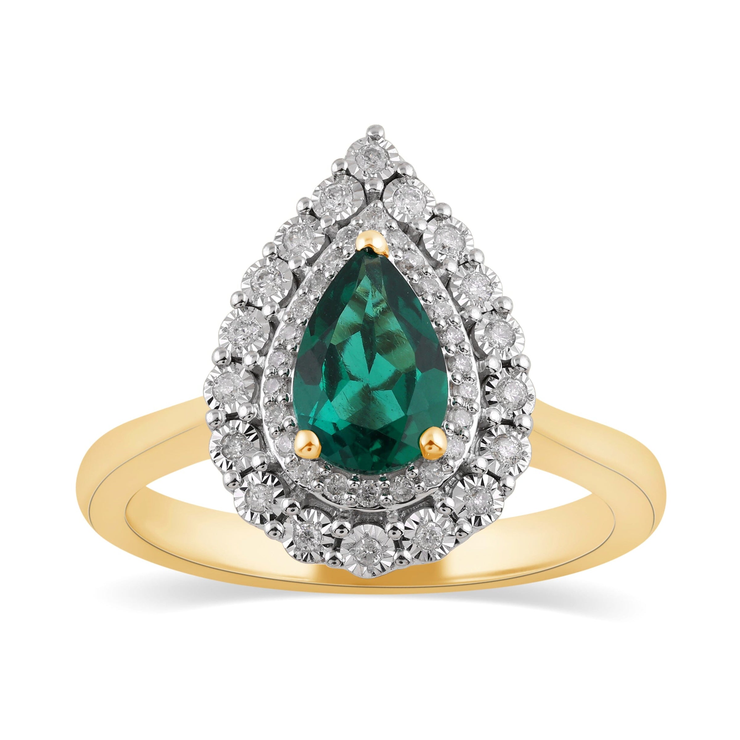 Pear Shaped Created Emerald Ring with 0.15ct of Diamonds in 9ct Yellow Gold Rings Bevilles 