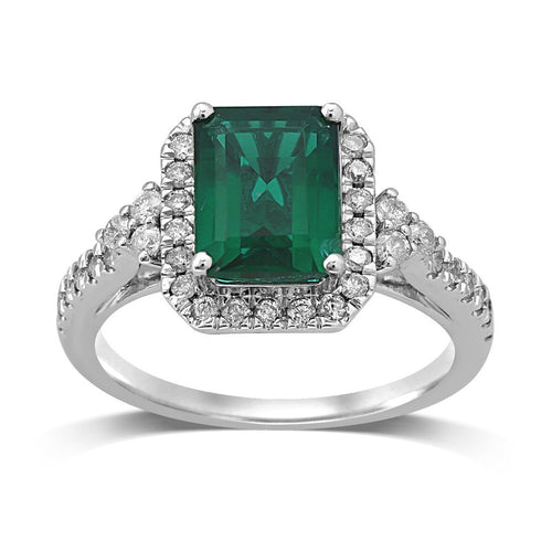9ct White Gold 0.50ct Diamond & Created Emerald Ring Rings Bevilles 