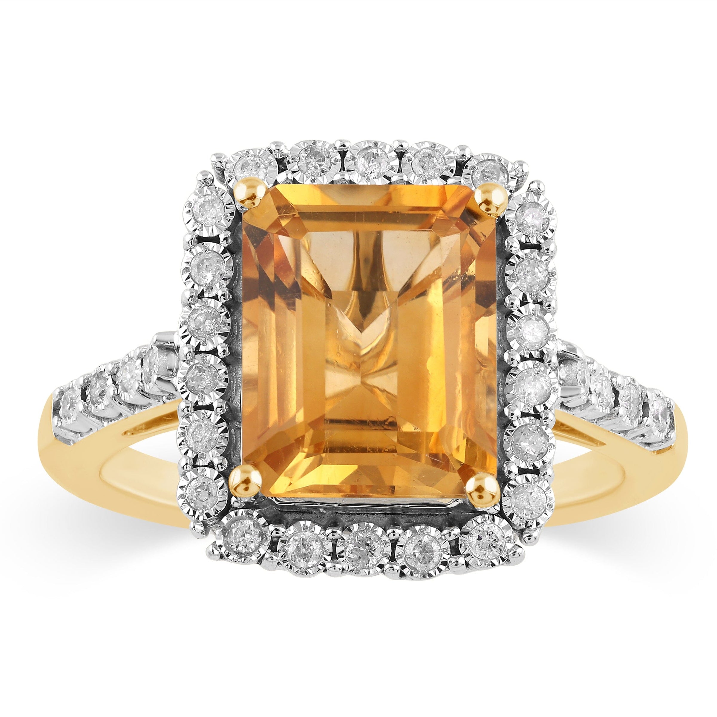 Emerald Cut Citrine Ring with 0.15ct of Diamonds in 9ct Yellow Gold Rings Bevilles 