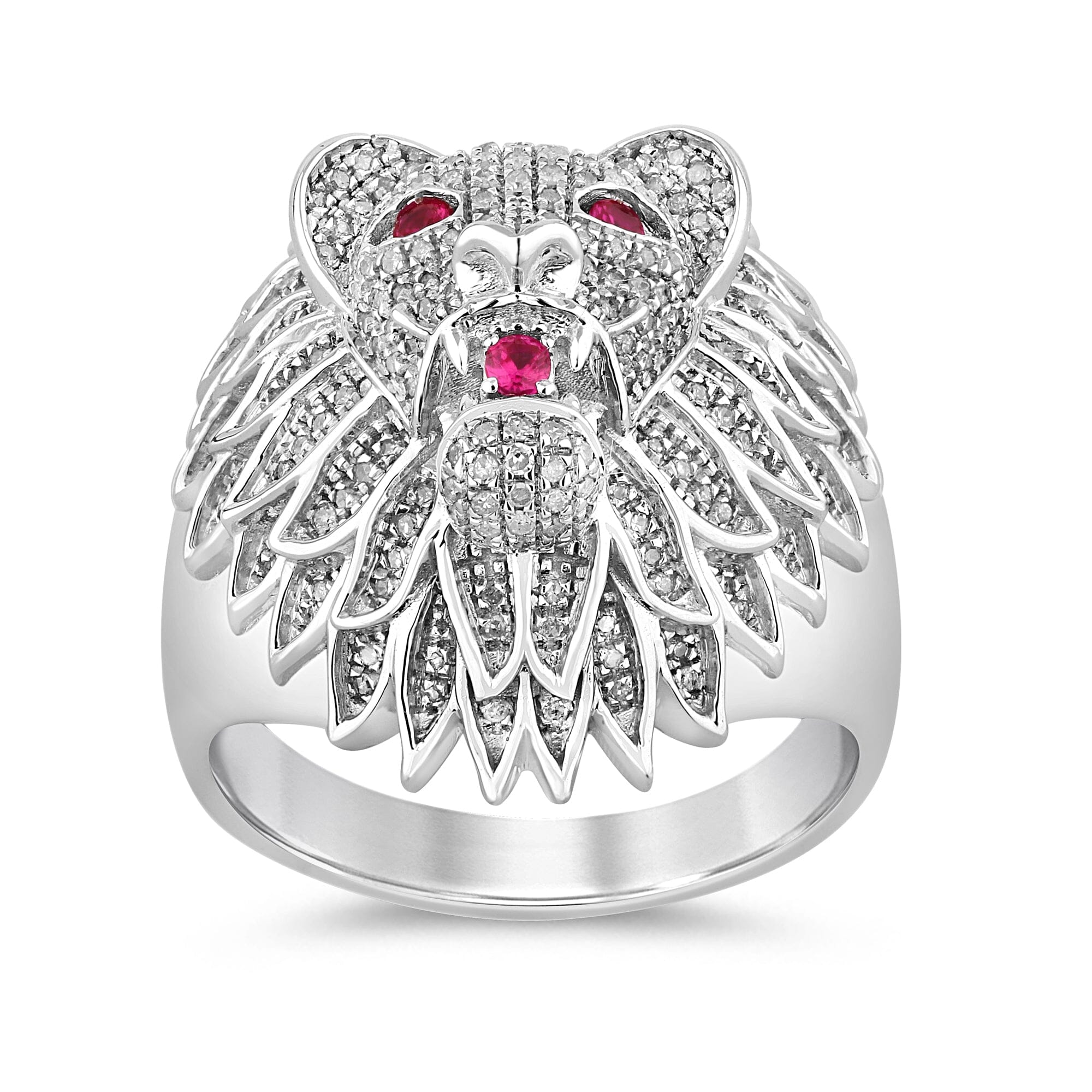 Stanton Made for Men Lion Head Ring with 0.60ct of Diamonds and Created Ruby in Sterling Silver Rings Bevilles 