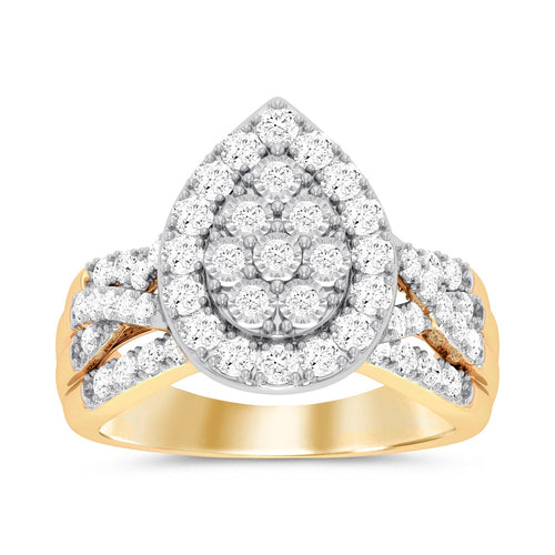 Pear Halo Ring with 1.00ct of Diamonds in 9ct Yellow Gold Rings Bevilles 