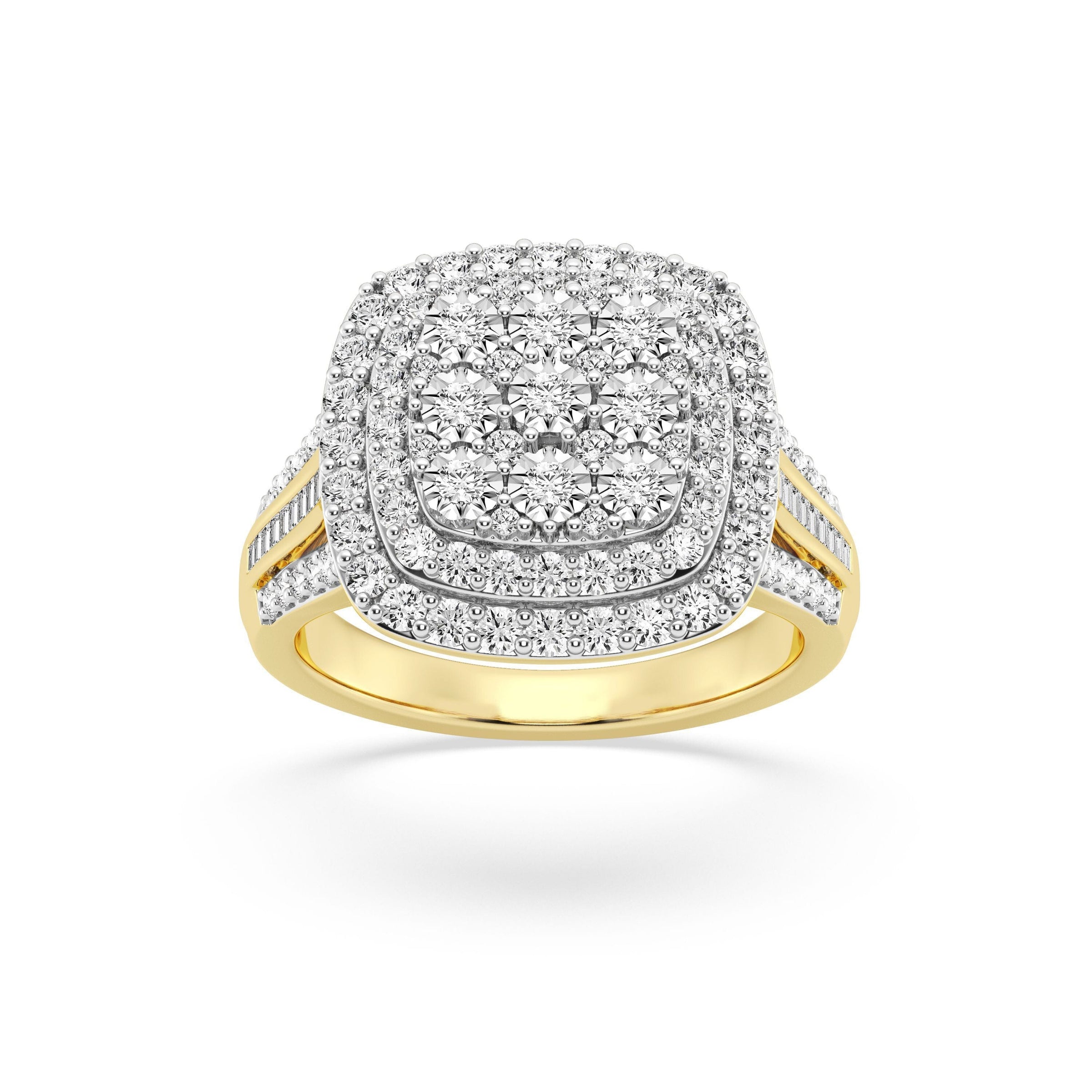 Double Halo Square Look Ring with 1.00ct of Diamonds in 9ct Yellow Gold Rings Bevilles 