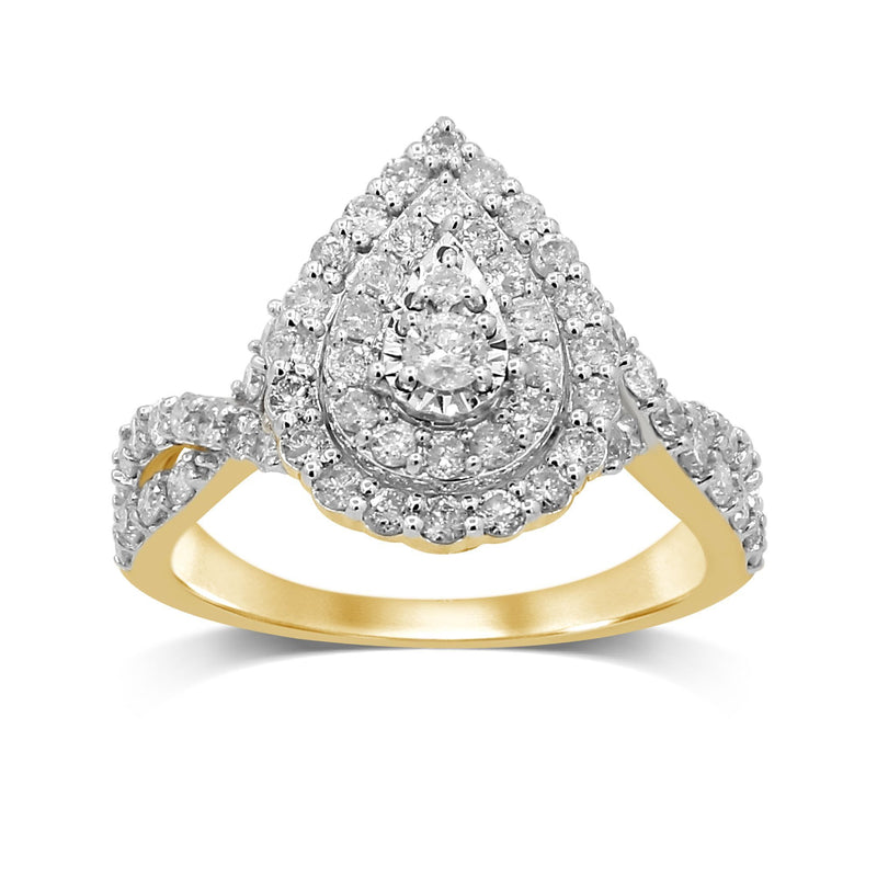 Double Halo Pear Ring with 1.00ct of Diamonds in 9ct Yellow Gold Rings Bevilles 