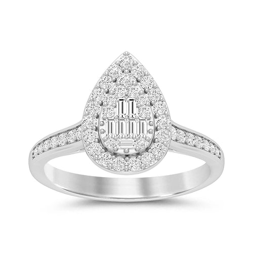 Pear Baguette Halo Ring with 1/2ct of Diamonds in 9ct White Gold Rings Bevilles 