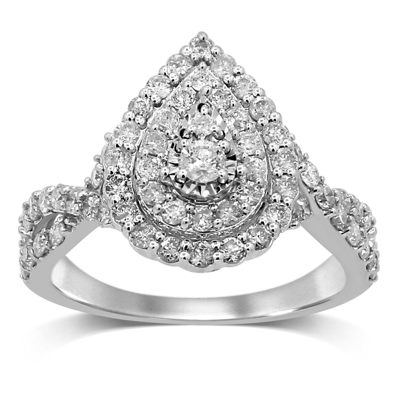 Double Halo pear shaped ring with 1.00ct of Diamonds in 9ct White Gold Bevilles Jewellers 