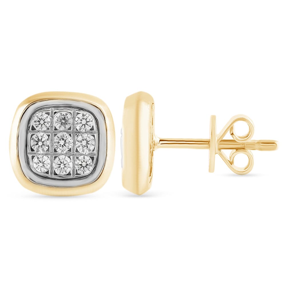 Cushion Stud Earrings with 0.10ct of Diamonds in 9ct Yellow Gold Earrings Bevilles 