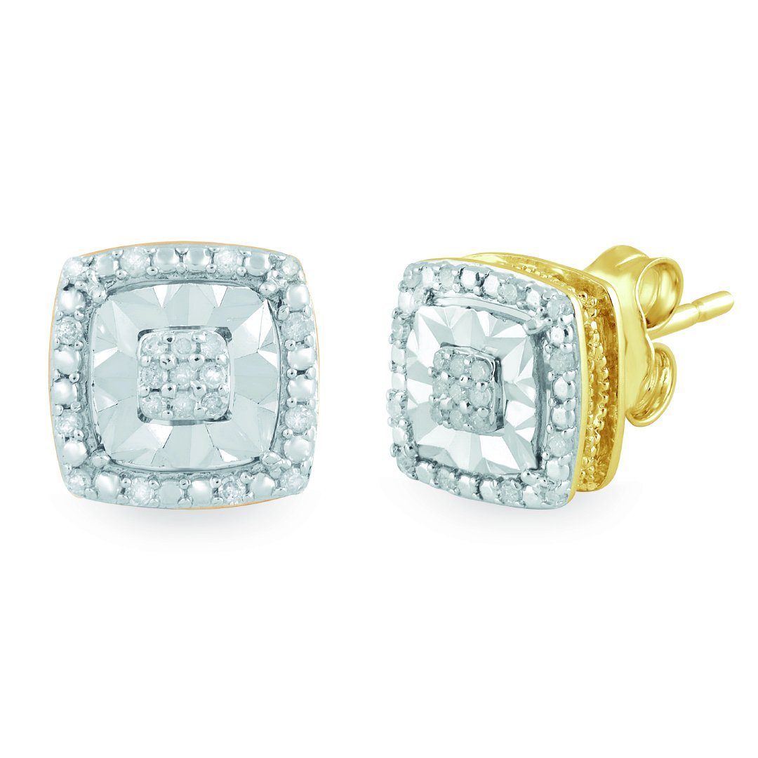 Brilliant Halo Square Stud Earrings with 0.10ct of Diamonds in 9ct Yellow Gold Earrings Bevilles 