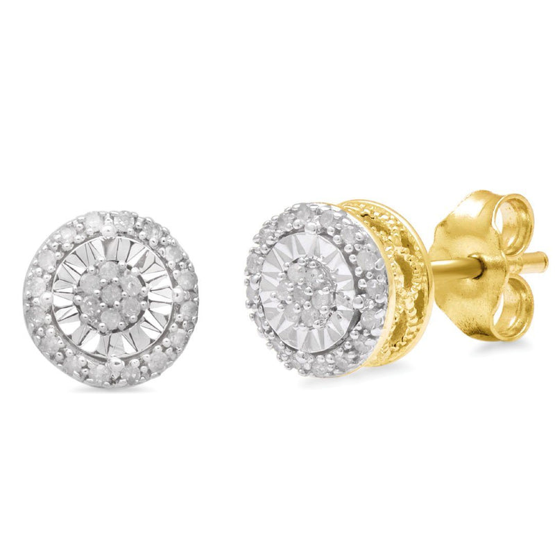 Brilliant Halo Round Stud Earrings with 0.10ct of Diamonds in 9ct Yellow Gold Earrings Bevilles 