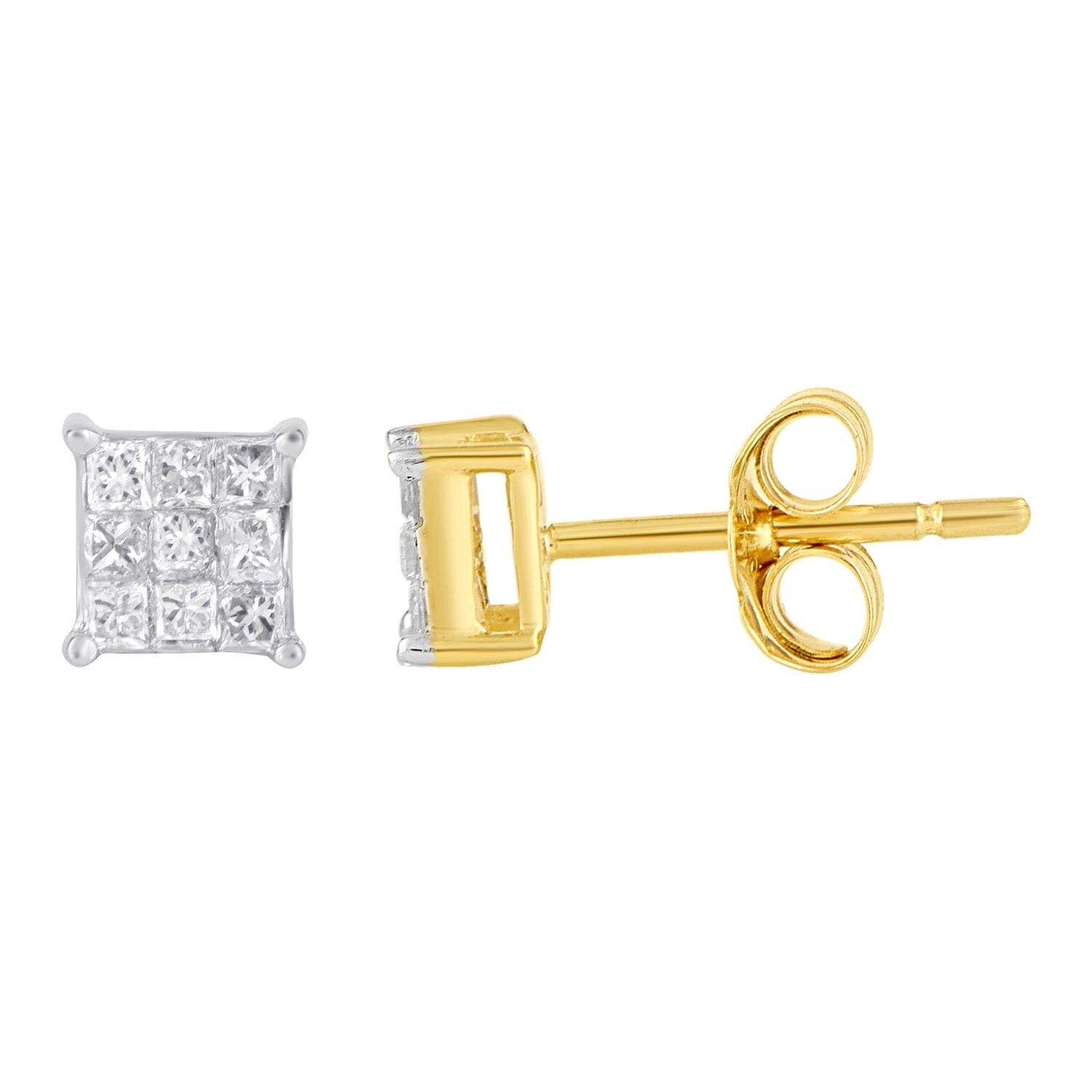 Invisible Princess Stud Earrings with 0.20ct of Diamonds in 9ct Yellow Gold Earrings Bevilles 