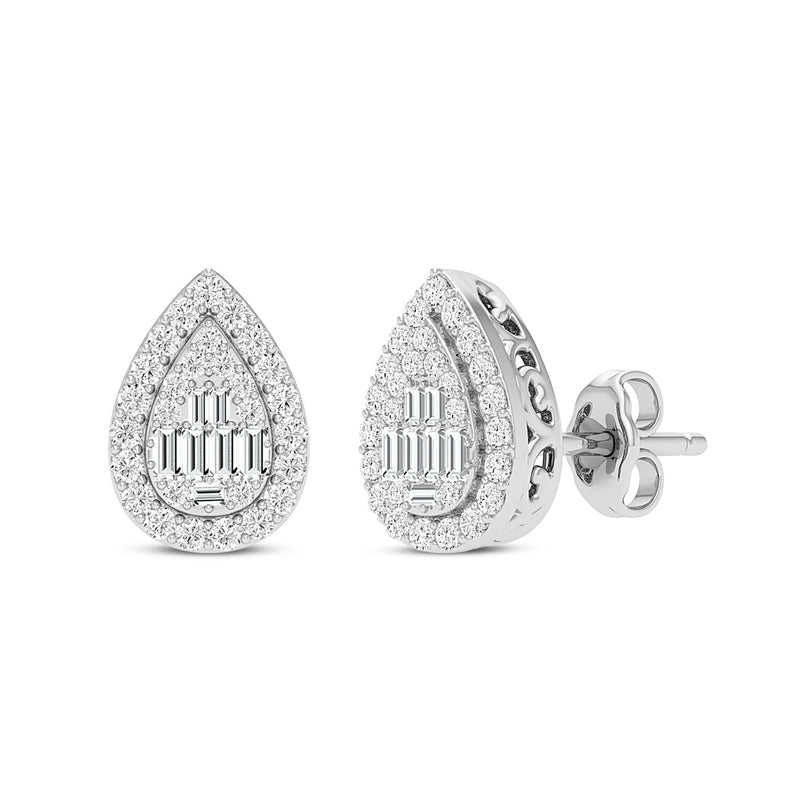 Pear Baguette Halo Earrings with 1/2ct of Diamonds in 9ct White Gold Earrings Bevilles 