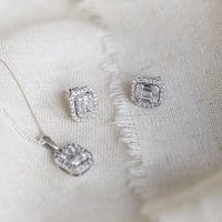 Brilliant Emerald Stud Earrings with 3/4ct of Diamonds in 9ct White Gold Earrings Bevilles 