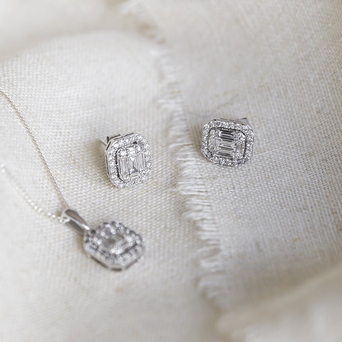 Brilliant Emerald Stud Earrings with 3/4ct of Diamonds in 9ct White Gold Earrings Bevilles 