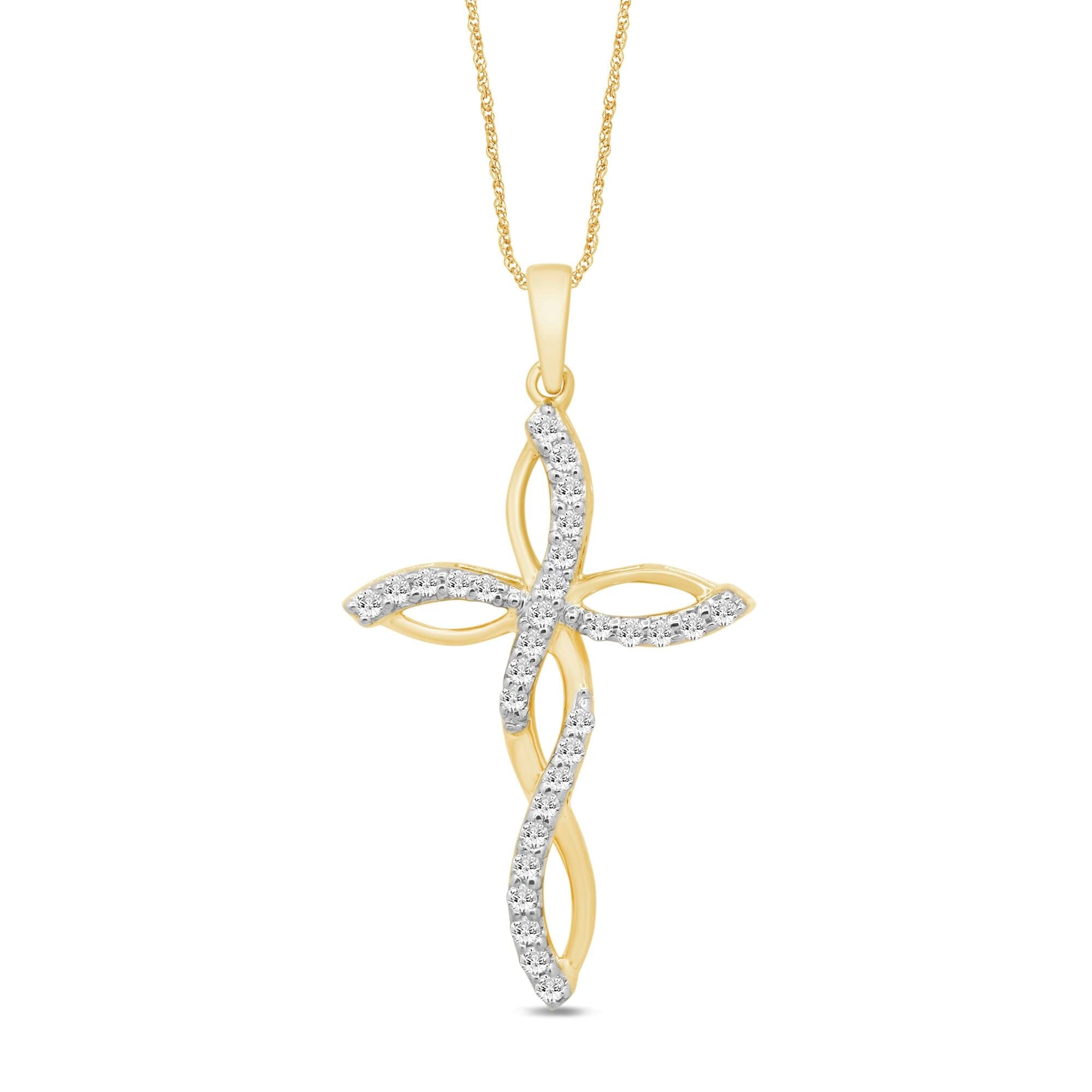 Plait Cross Necklace with 1/5ct of Diamonds in 9ct Yellow Gold Necklaces Bevilles 
