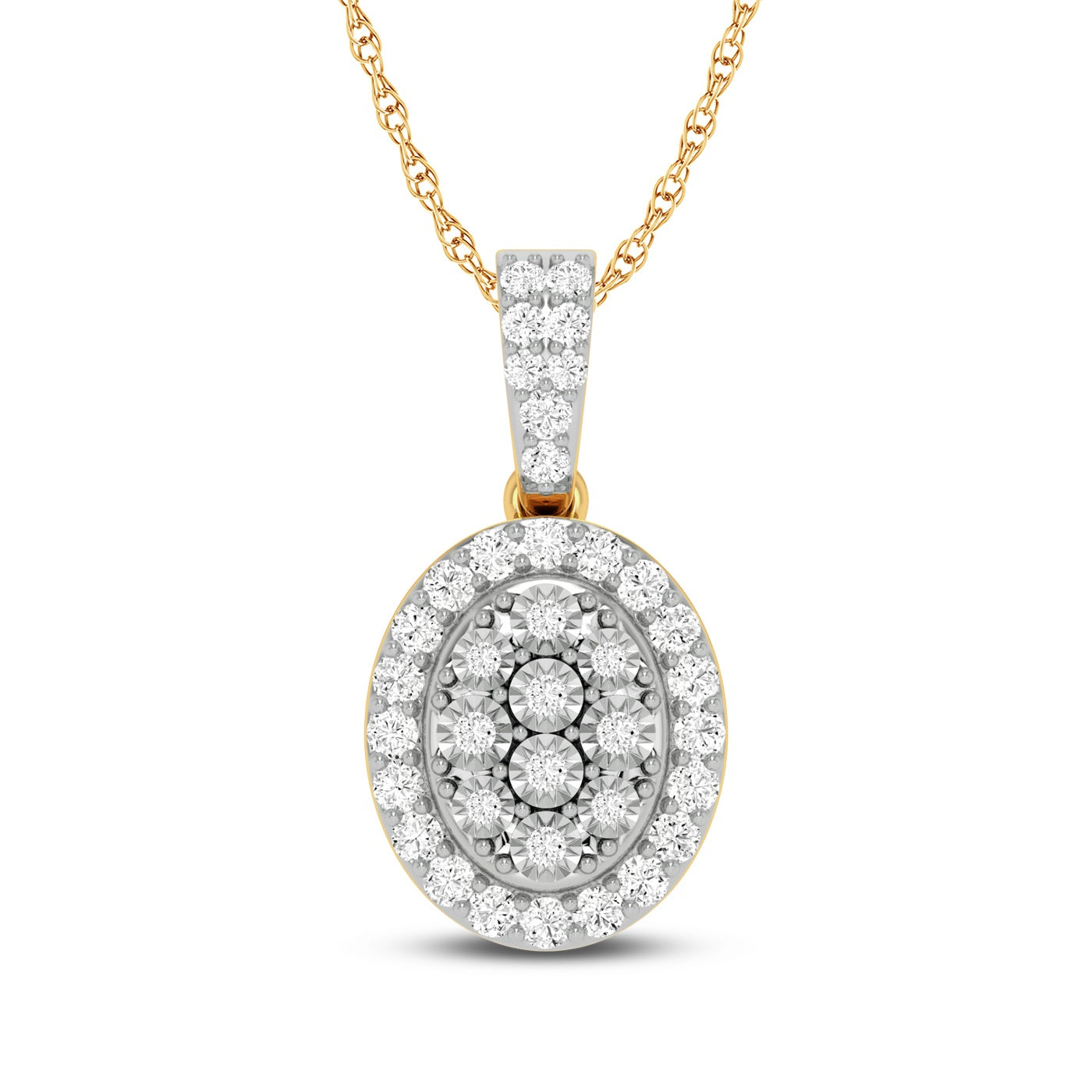 Miracle Oval Halo Necklace with 1/2ct of Diamonds in 9ct Yellow Gold Necklaces Bevilles 