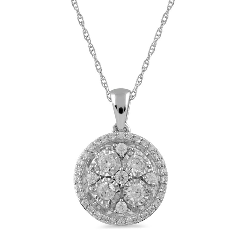 Halo Necklace with 1/2ct of Diamonds in 9ct White Gold Necklaces Bevilles 