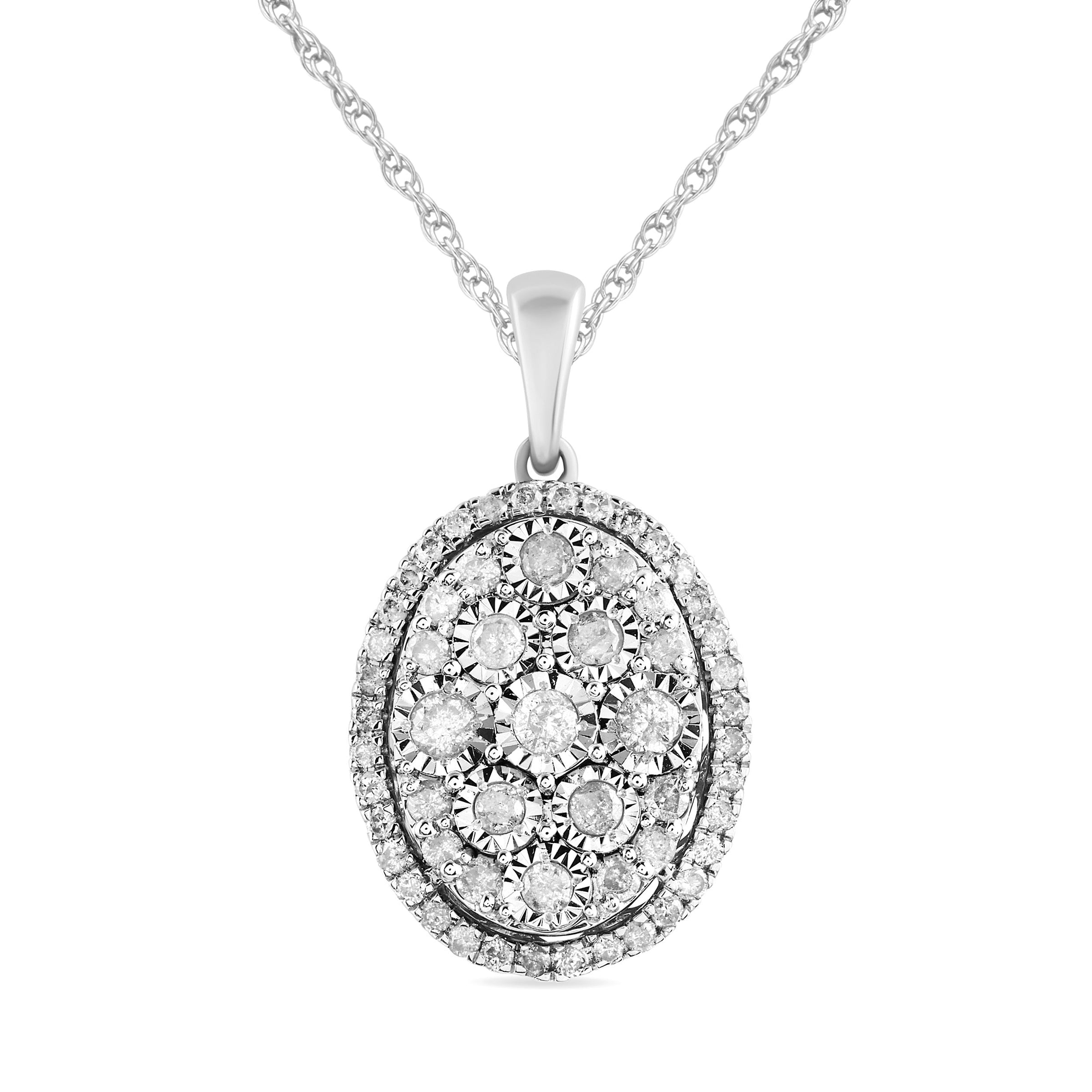 Halo Oval Necklace with 1/2ct of Diamonds in 9ct White Gold Necklaces Bevilles 