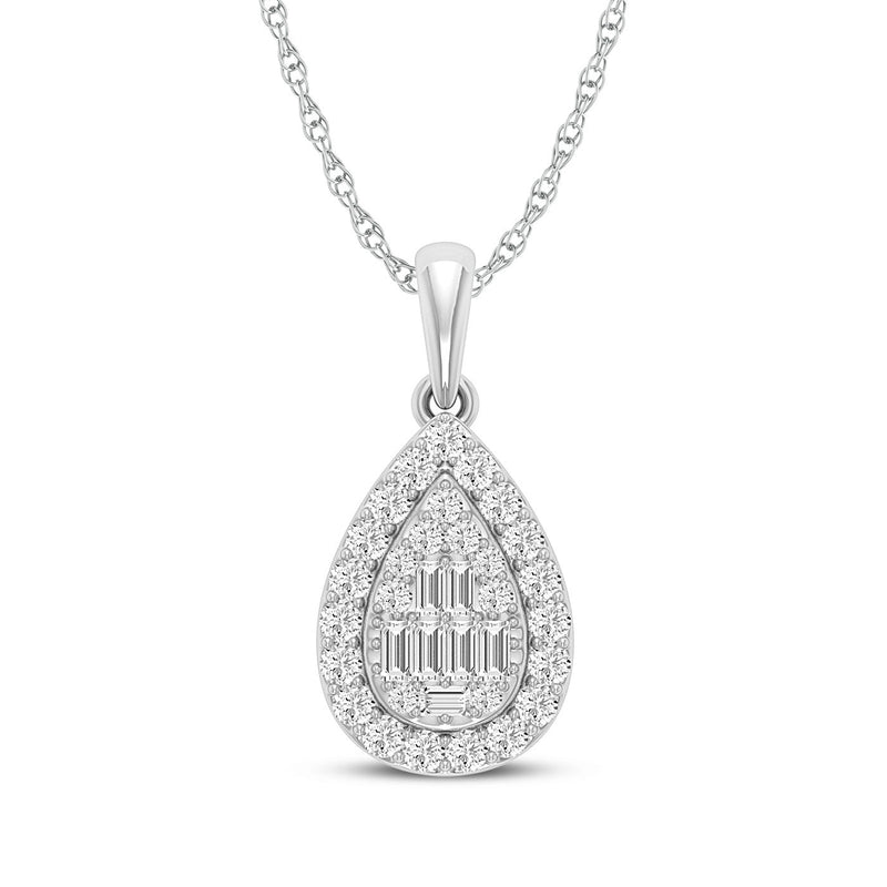 Pear Baguette Halo Necklace with 1/2ct of Diamonds in 9ct White Gold Necklaces Bevilles 