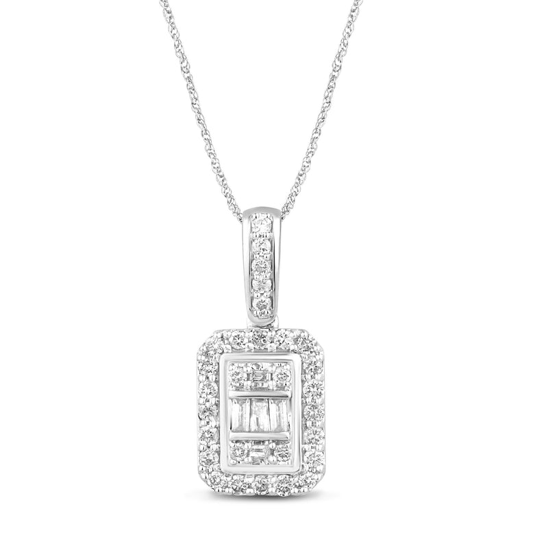 Emerald Shape Halo Necklace with 1/2ct of Diamonds in 9ct White Gold Necklaces Bevilles 