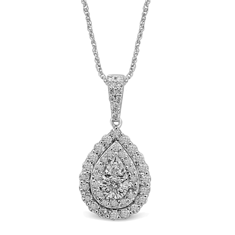 Brilliant Claw Pear shaped Necklace with 1.00ct of Diamonds in 9ct White Gold Bevilles Jewellers 